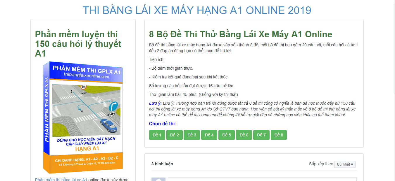 Website thi bằng lái xe A1 trên máy tính | Đề thi thử Online